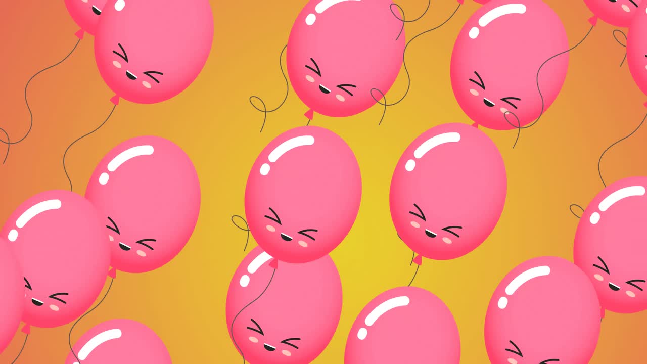 Animazione di palloncini rosa con faccine su sfondo arancione