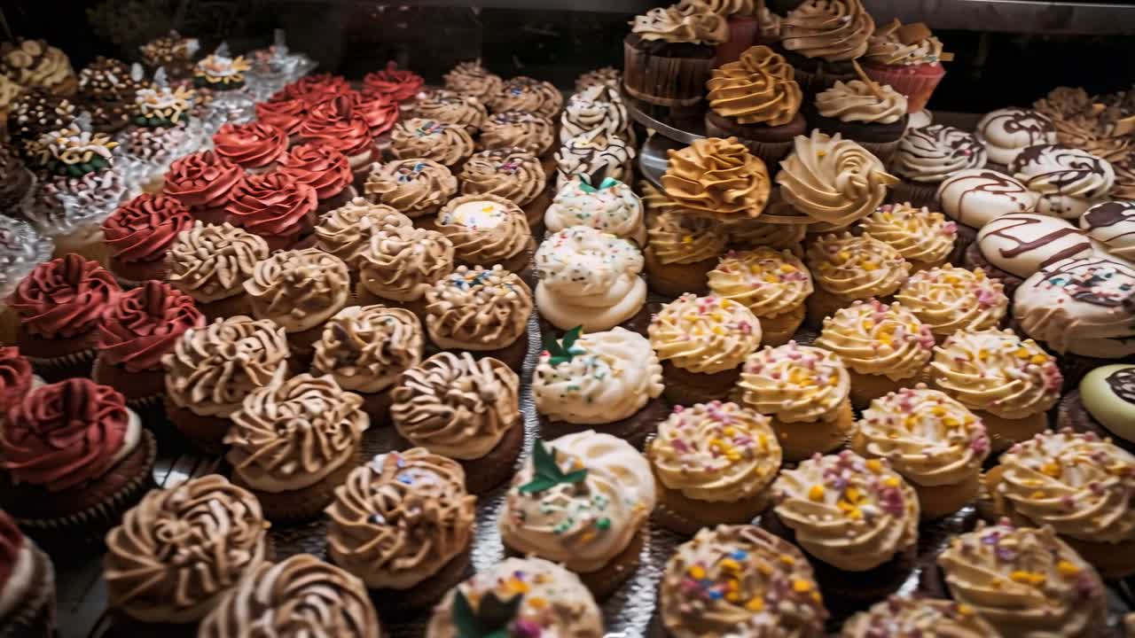 Cámara paneando, mostrando una variedad de cupcakes en una vitrina de cristal en el mostrador de una pastelería, destacando las chispas de colores.