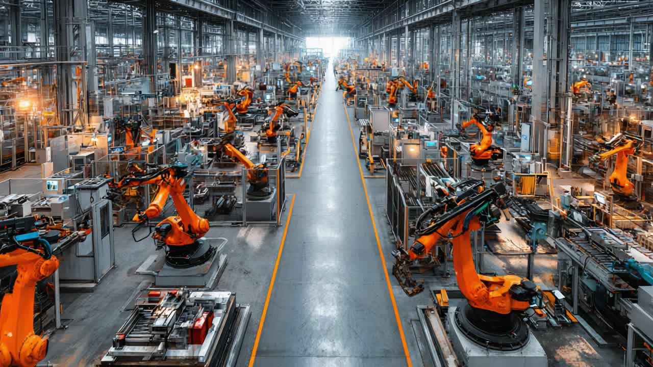 A Highly Automated Industrial Manufacturing Facility Featuring Orange Robotic Arms, Showcasing Advanced Robotics and Streamlined Production Processes in a Modern Environment