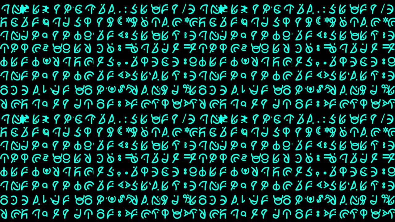 gráficos en movimiento con líneas de jeroglíficos con curvas de estilo alienígena y escritura que cambia rápidamente en secuencias aleatorias en una fuente verde azulado de tamaño pequeño: ideal para contenido de reemplazo de pantalla