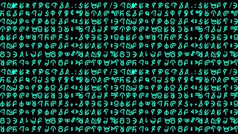Motion-graphics-featuring-lines-of-curvy-alien-style-hieroglyphs-and-written-script-rapidly-changing-in-random-sequences-in-small-sized-teal-font---ideal-for-screen-replacement-content