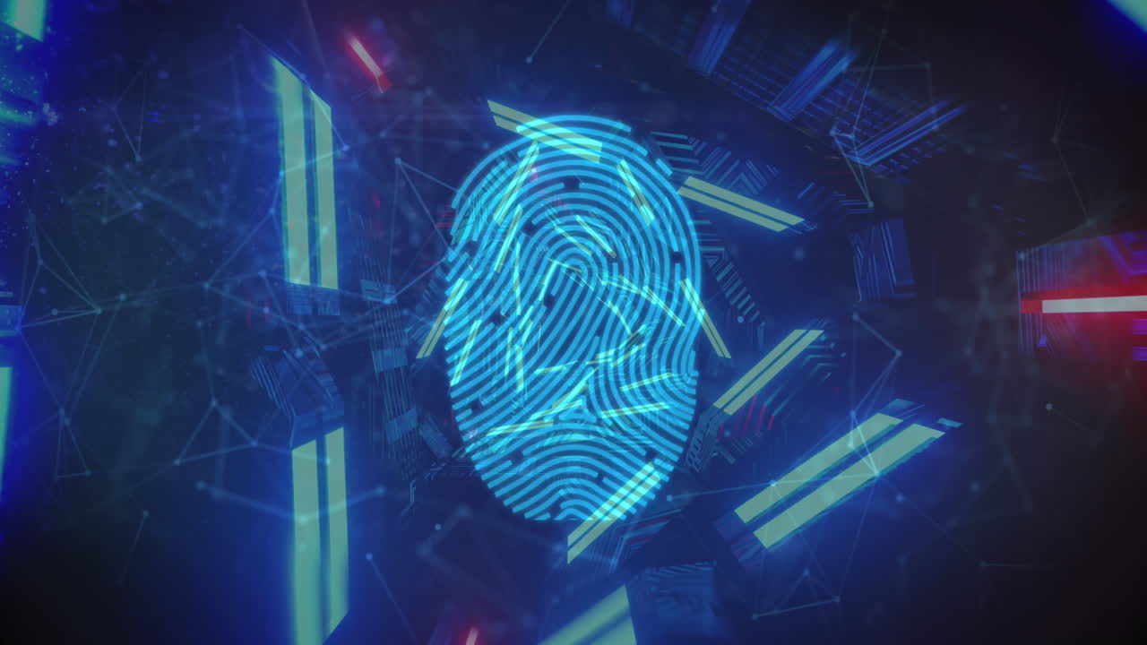 huella digital biométrica sobre un túnel brillante girando contra la red de conexiones