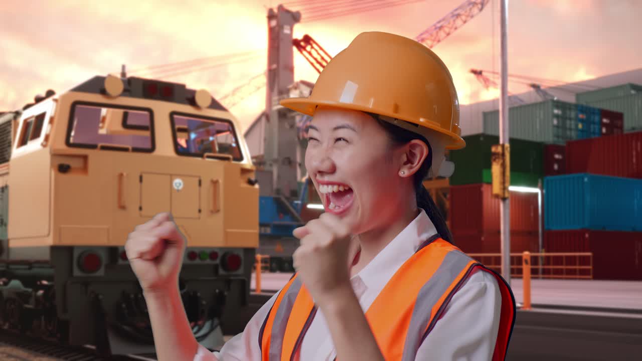 Close Up Of Side View Of Asian Female Engineer With Safety Helmet Screaming Goal Celebrating Working With Freight Cargo Train At Port