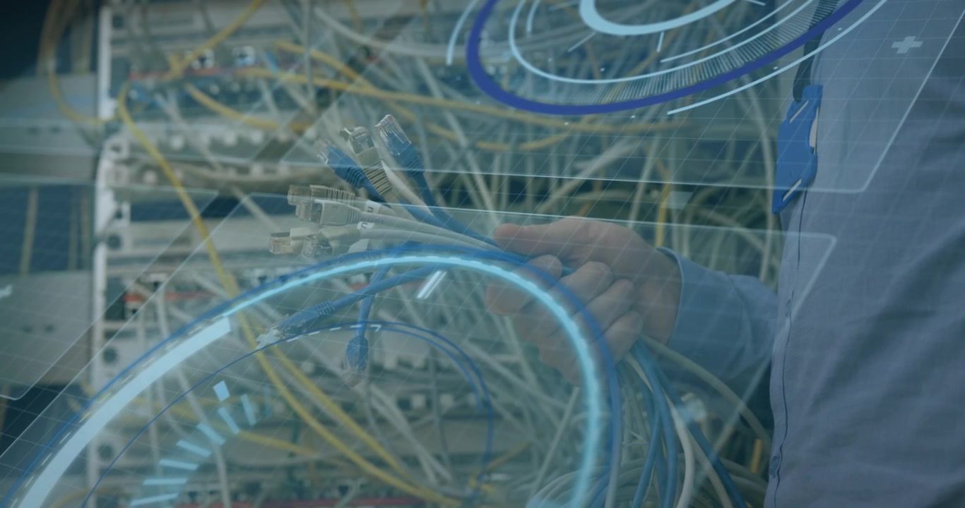 Animazione di forme geometriche in movimento ed elaborazione dati su persone che si stringono la mano