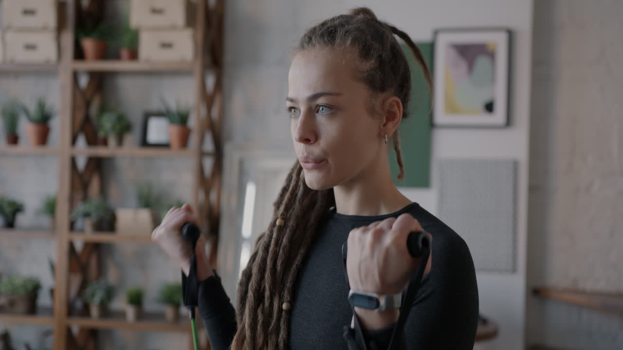 Woman working out with resistance bands at home