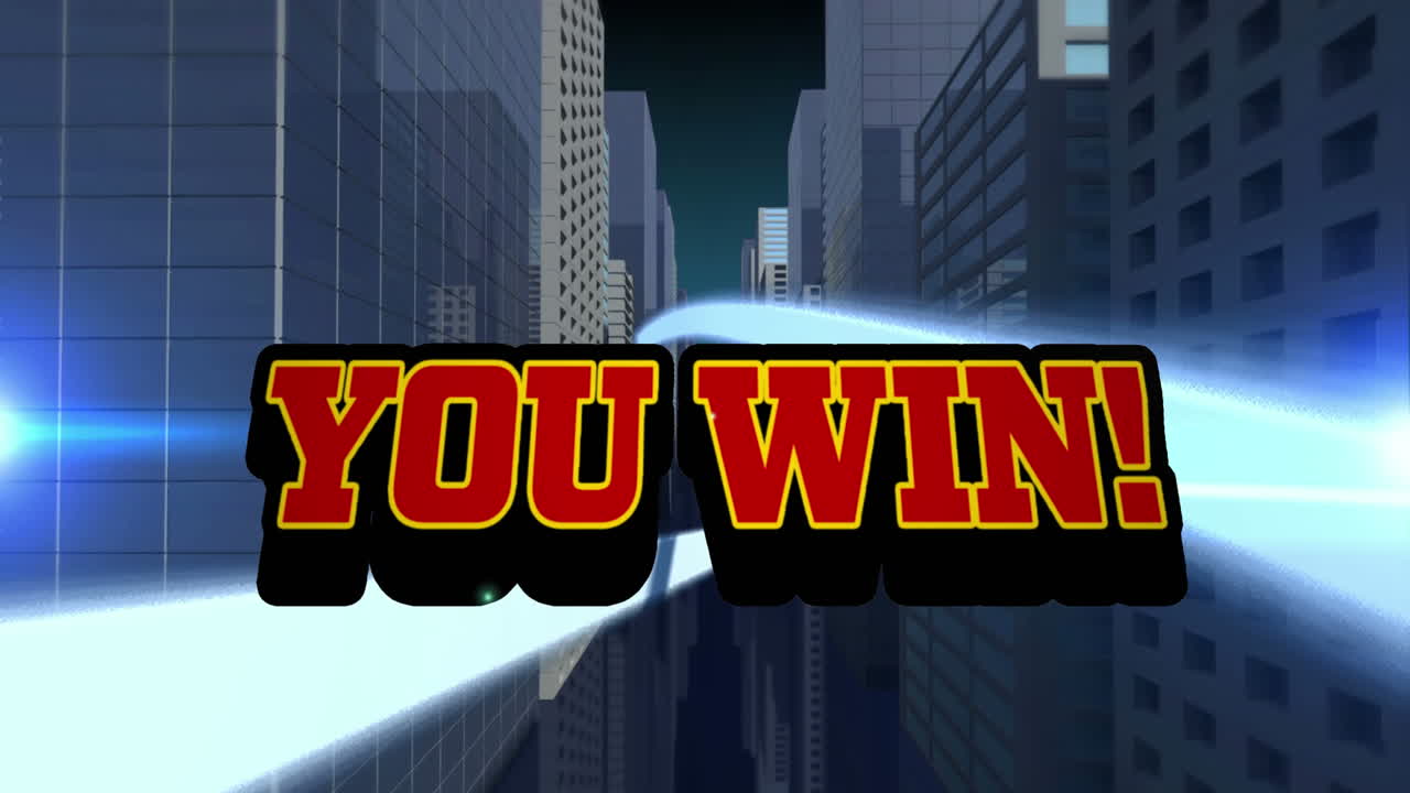 ⁇ 은 텍스트의 애니메이션 당신이 승리, 폭발과 도시 풍경 이상