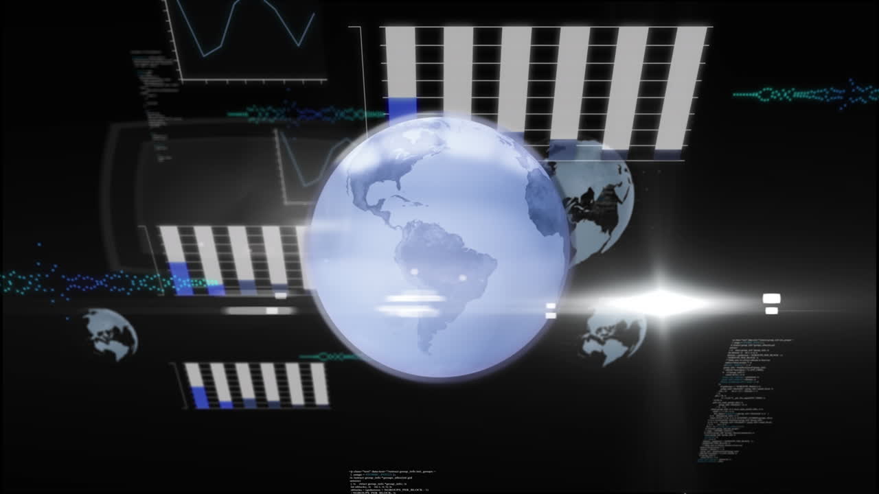 animación de un globo azul que gira sobre la pantalla de la interfaz procesamiento de datos sobre fondo negro
