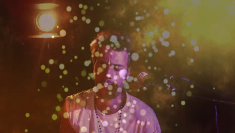 music industry male singer performing on stage, with bokeh light overlays and colored fog effects