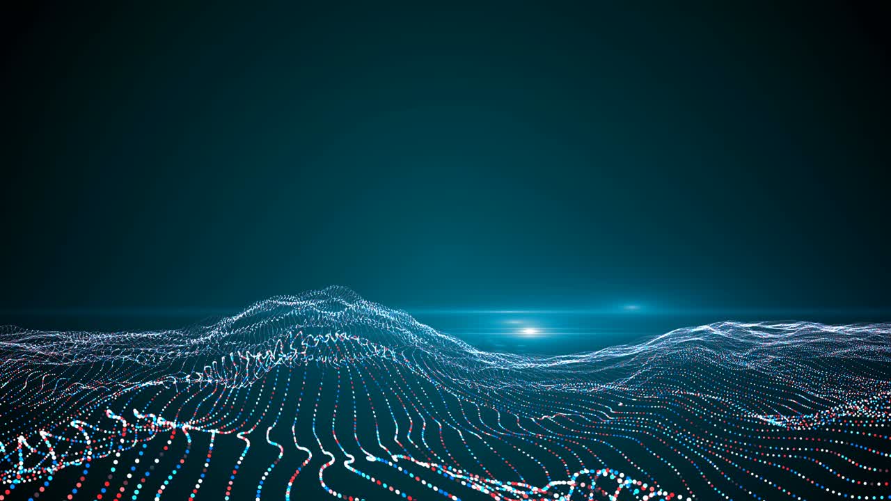 Fly through spotted round particle dot mountain landscape. Big data, technology background concept in blue color color