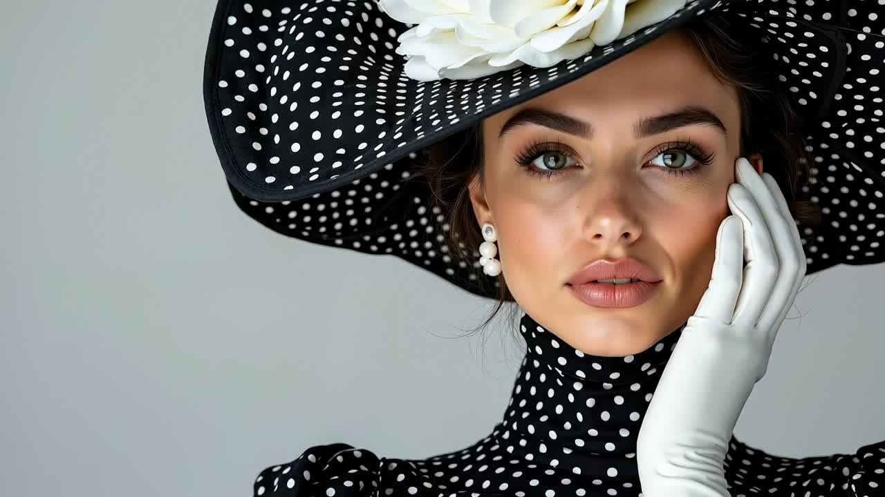 A woman wearing a black and white polka dot dress and a large hat
