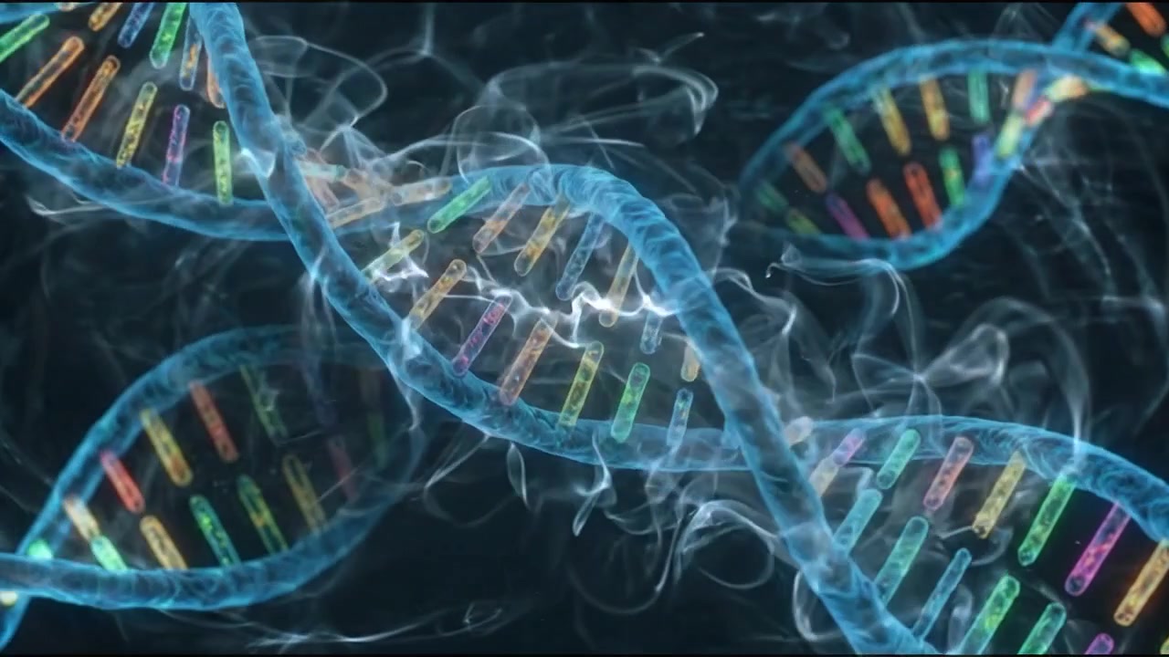 Struttura a elica del DNA 3D con ologramma del codice genetico