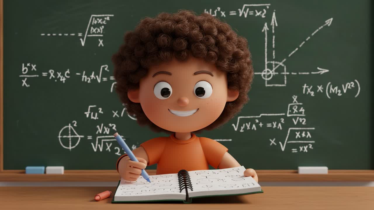Criança Alegre Engajada em Matemática com Cadernos e Equações no Quadro-Negro, Ilustrando Entusiasmo pelo Aprendizado e Educação