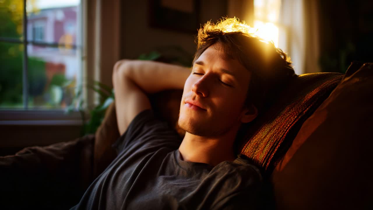 Un momento sereno di relax e pace nella soffusa luce serale, catturato in due immagini di calma e appagamento su un comodo divano