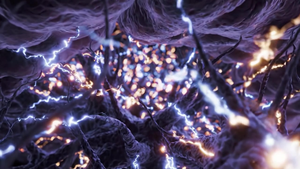 A stunning visual journey through a neural landscape, showcasing the intricate web of connections within the brain, teeming with electric activity and vibrant energy.