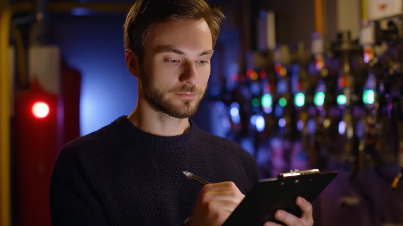 A focused individual meticulously reviewing and recording information on a clipboard while surrounded by a backdrop of colorful lights and technical equipment, showcasing diligence and attention to detail in a professional setting