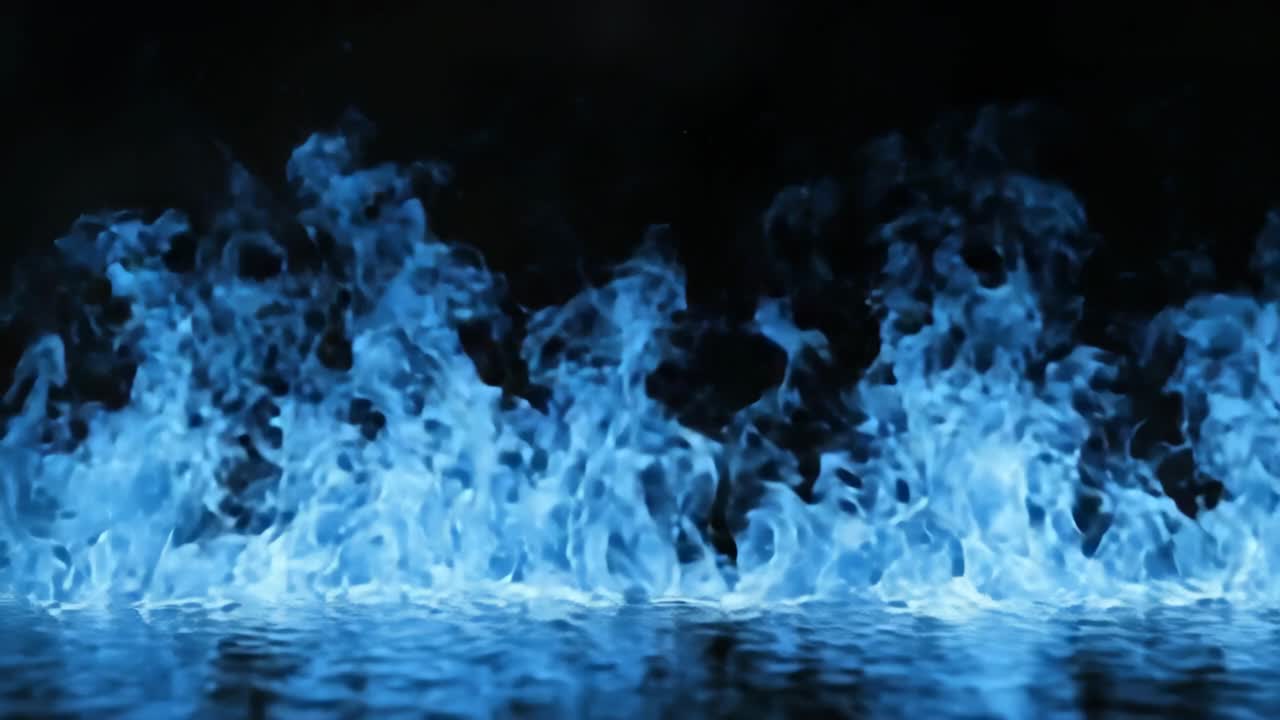 Dynamic video of blue flames dancing against a dark background, captured from a low angle