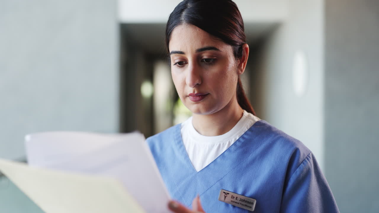 Dottoressa concentrata che esamina documenti medici in ospedale