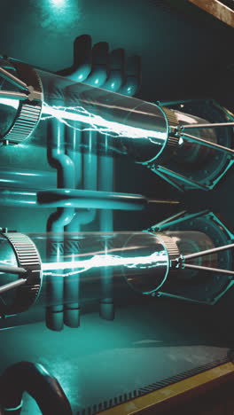 futuristic machinery glowing with electric energy in a dim workshop