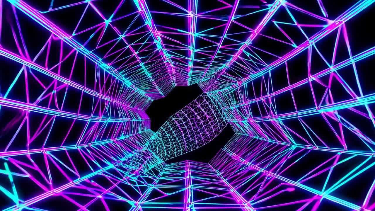 Glowing neon wireframe creating a captivating futuristic tunnel effect, featuring vibrant colors that deliver a mesmerizing visual experience full of energy and dynamic motion