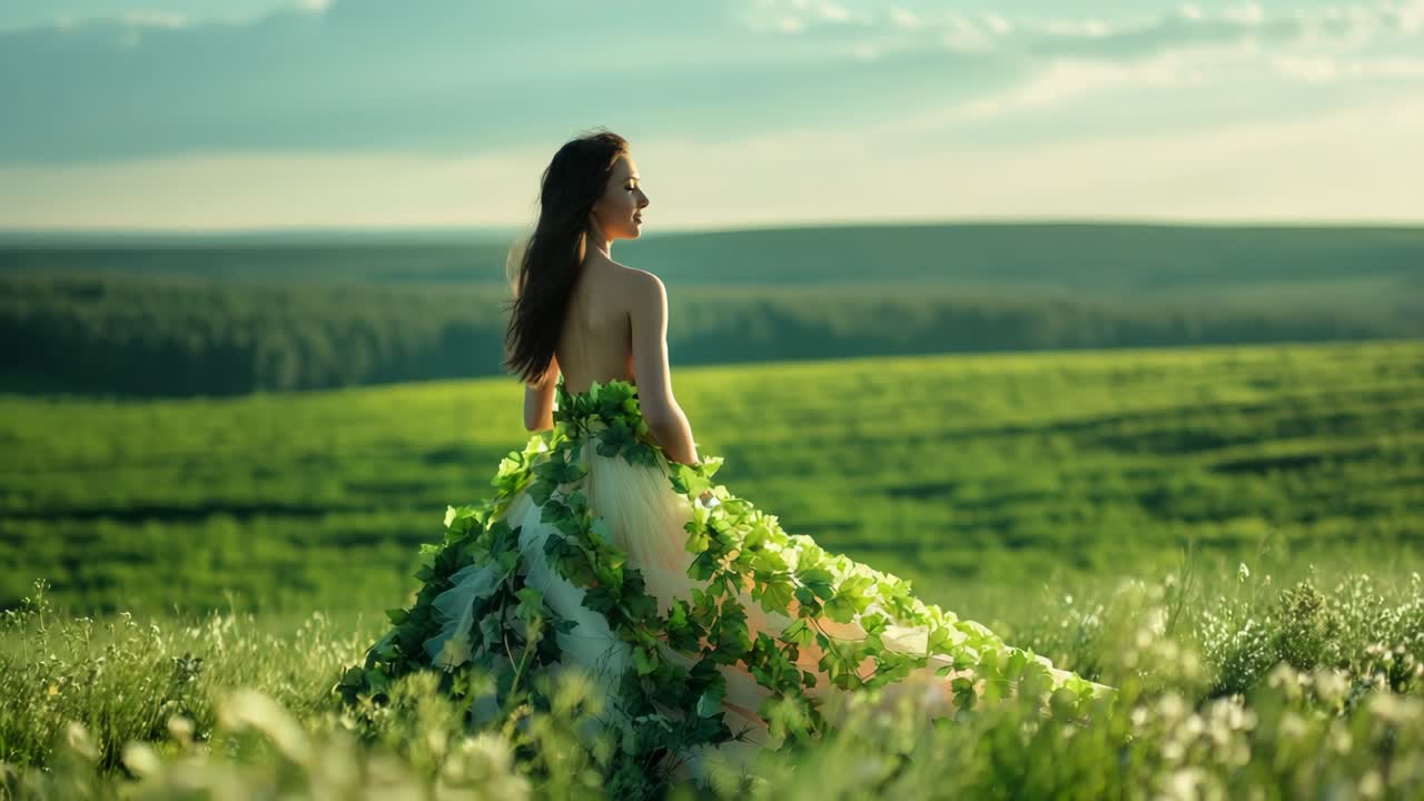 Female model wearing unique leaf made gown standing in sunlit meadow, embodying sustainable fashion and harmonious connection with natural environment