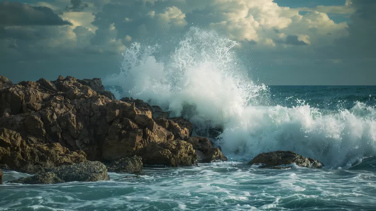 Rising ocean swell causing crashing wave against rocky outcrop at shore, showing power, copy space