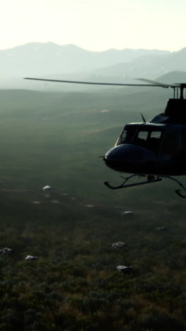 helicóptero volando sobre un campo verde