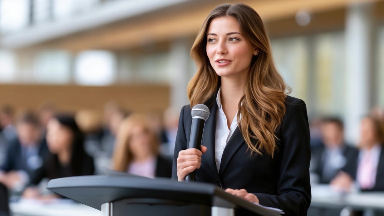 Confident Presenter Engaging Audience: A Professional Woman Delivering a Speech with Charisma and Poise in a Conference Setting