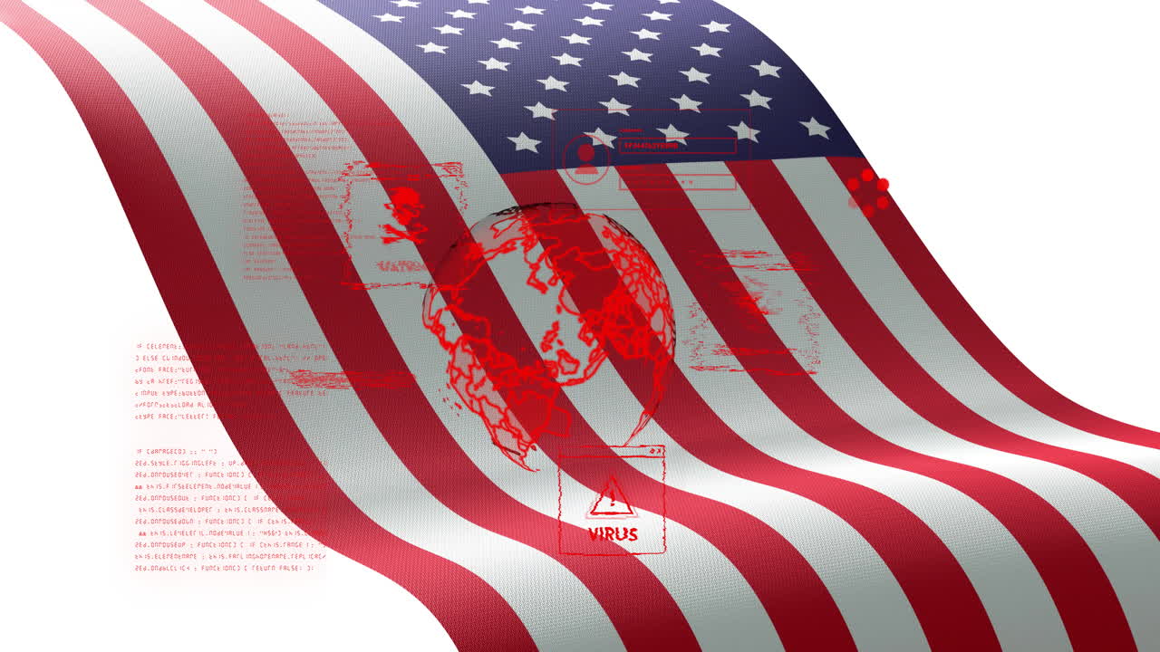 Cybersecurity threats animation over American flag with malware and virus warnings