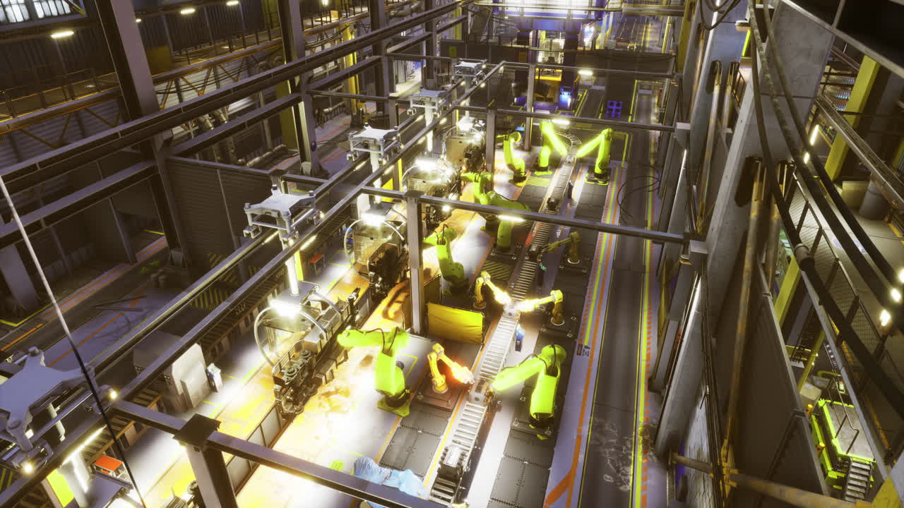 Robotic assembly line operating in a modern manufacturing facility