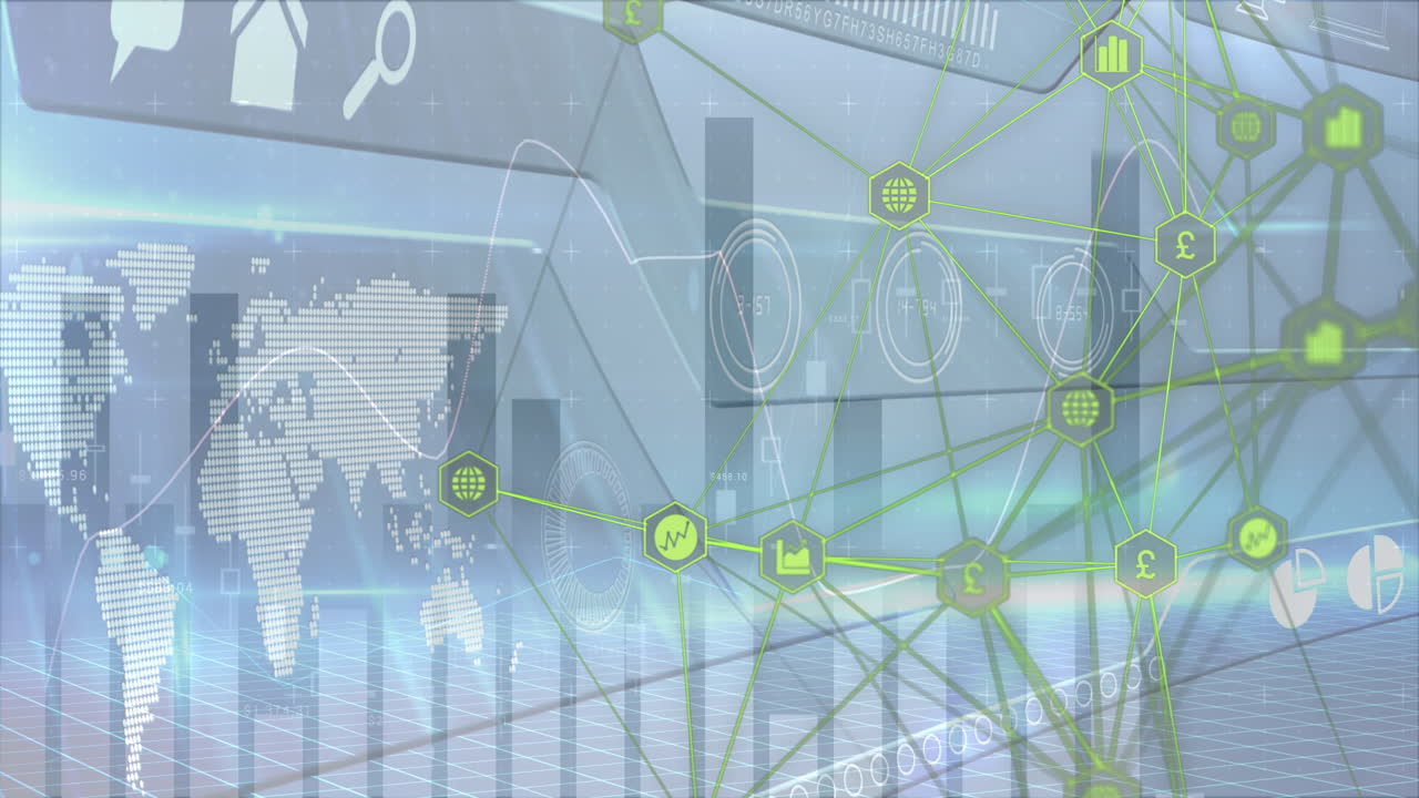 연결 네트워크와 기술 아이콘을 가진 세계 지도의 애니메이션을 그래프로 롤링합니다.