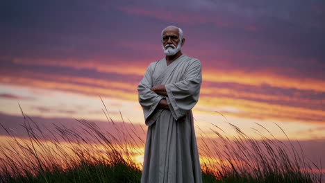 elderly man in robe at sunset