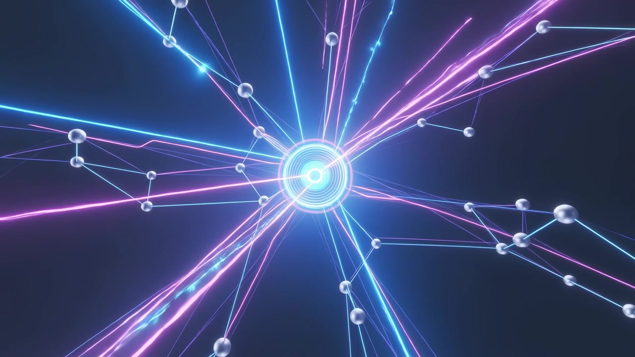 Pulsing glowing core sending neon beams and moving pulses in dark virtual space, energizing nodes