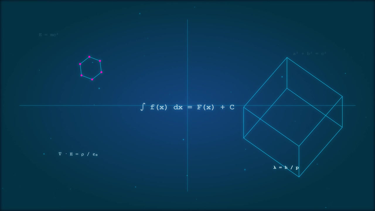 Cubo Geométrico Animado e Fórmulas Científicas em Fundo Azul Escuro