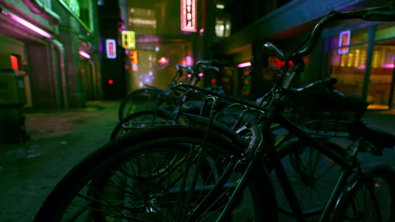 밤에는 네온 불빛으로 희미하게 조명된 골목에 주차된 자전거