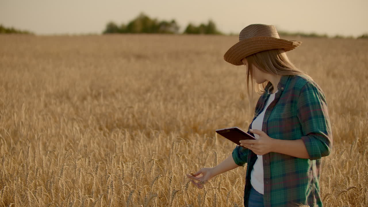 Primo piano di una contadina che cammina con un tablet in un campo di segale, tocca le spighe e preme il dito sullo schermo. Movimento verticale della telecamera Dolly. La telecamera segue la mano