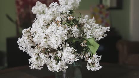 Toma-Panorámica-Lenta-De-Un-Ramo-De-Lilas-Blancas-En-Una-Mesa-De-Café