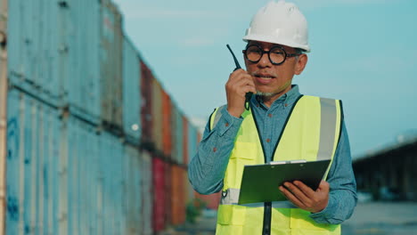 worker communicating at cargo container site