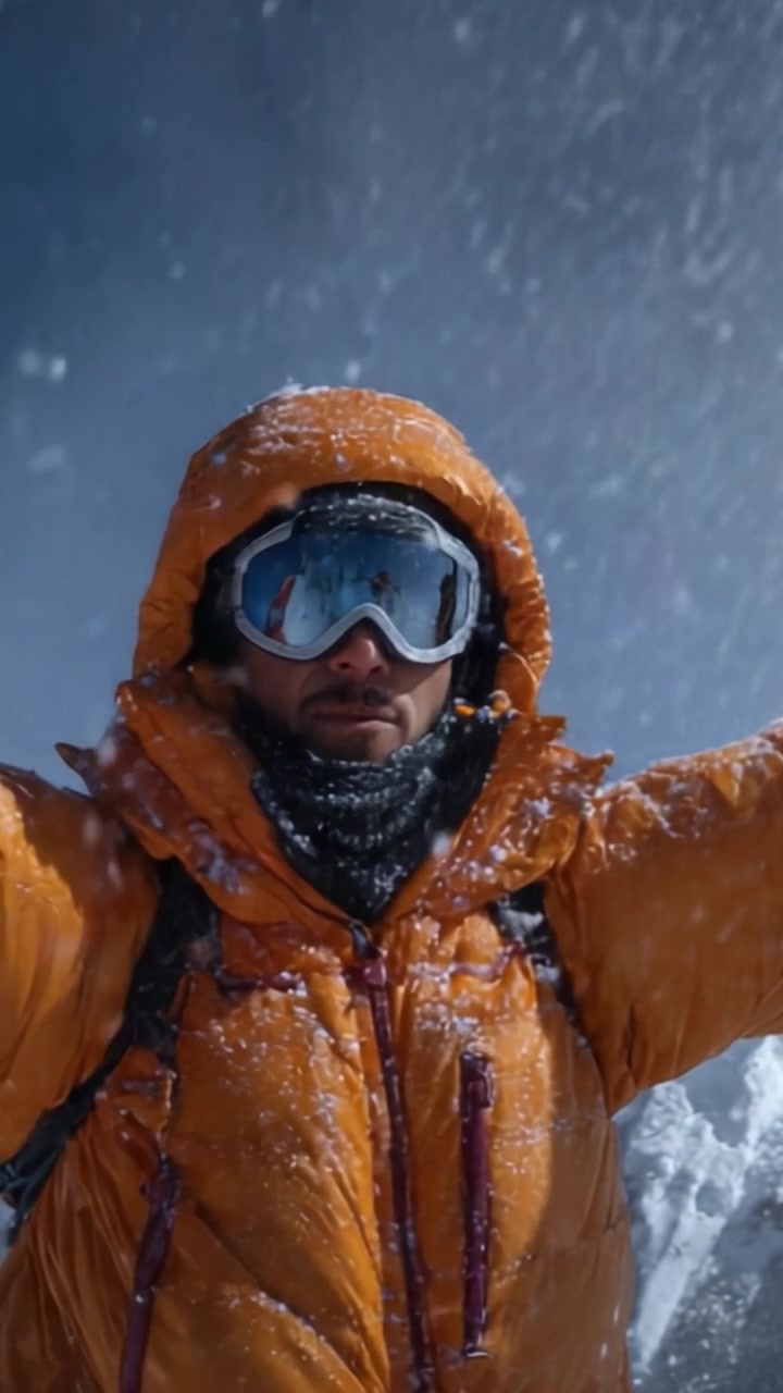 Un avventuroso scalatore celebra il trionfo in un paesaggio montano innevato, abbracciando gli elementi con gioia e determinazione.