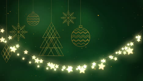 animación de bolas de oro decoración de navidad con luces de hadas brillantes sobre fondo verde