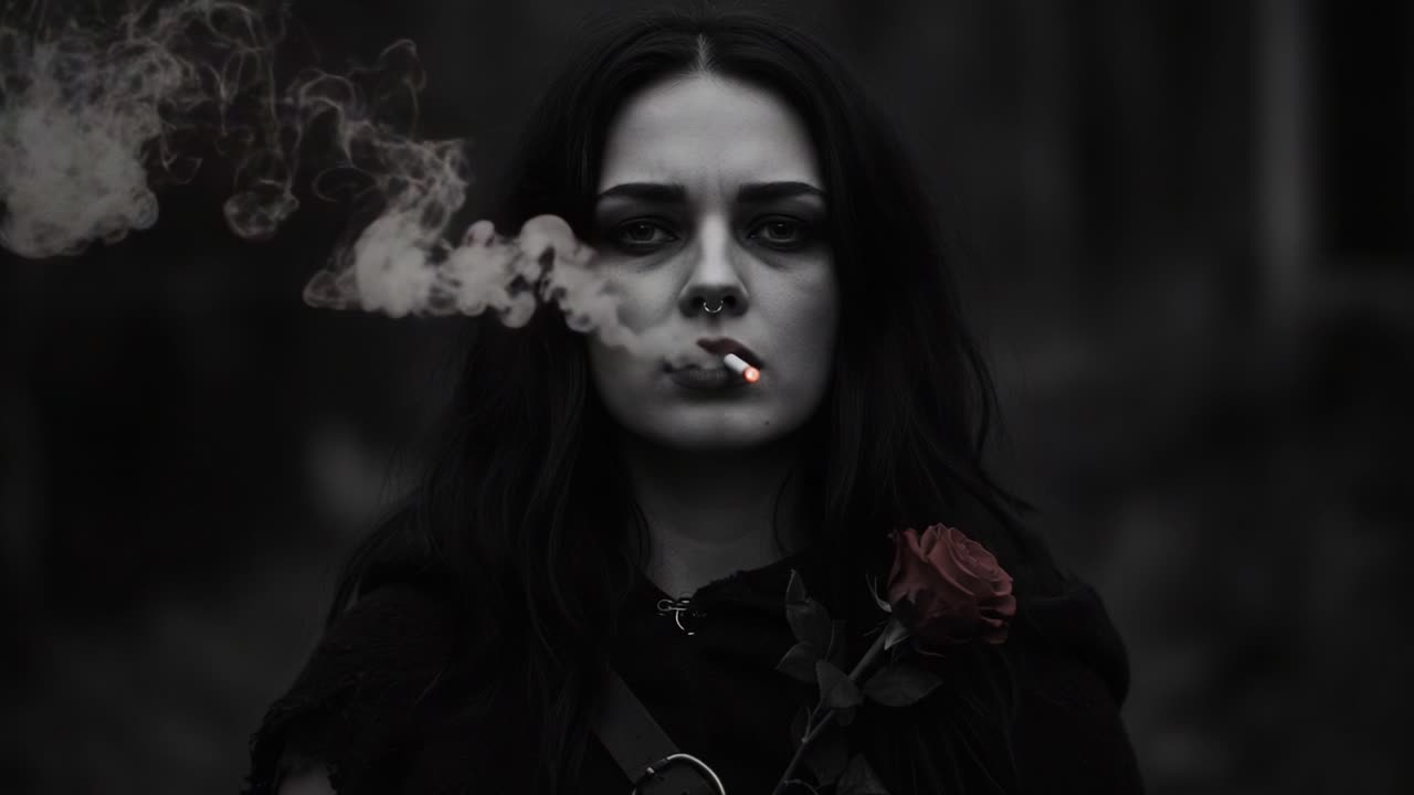A Mysterious Figure Amidst Smoky Haze: An Emotive Portrait of a Woman with a Rose and Cigarette in a Dark, Enigmatic Setting