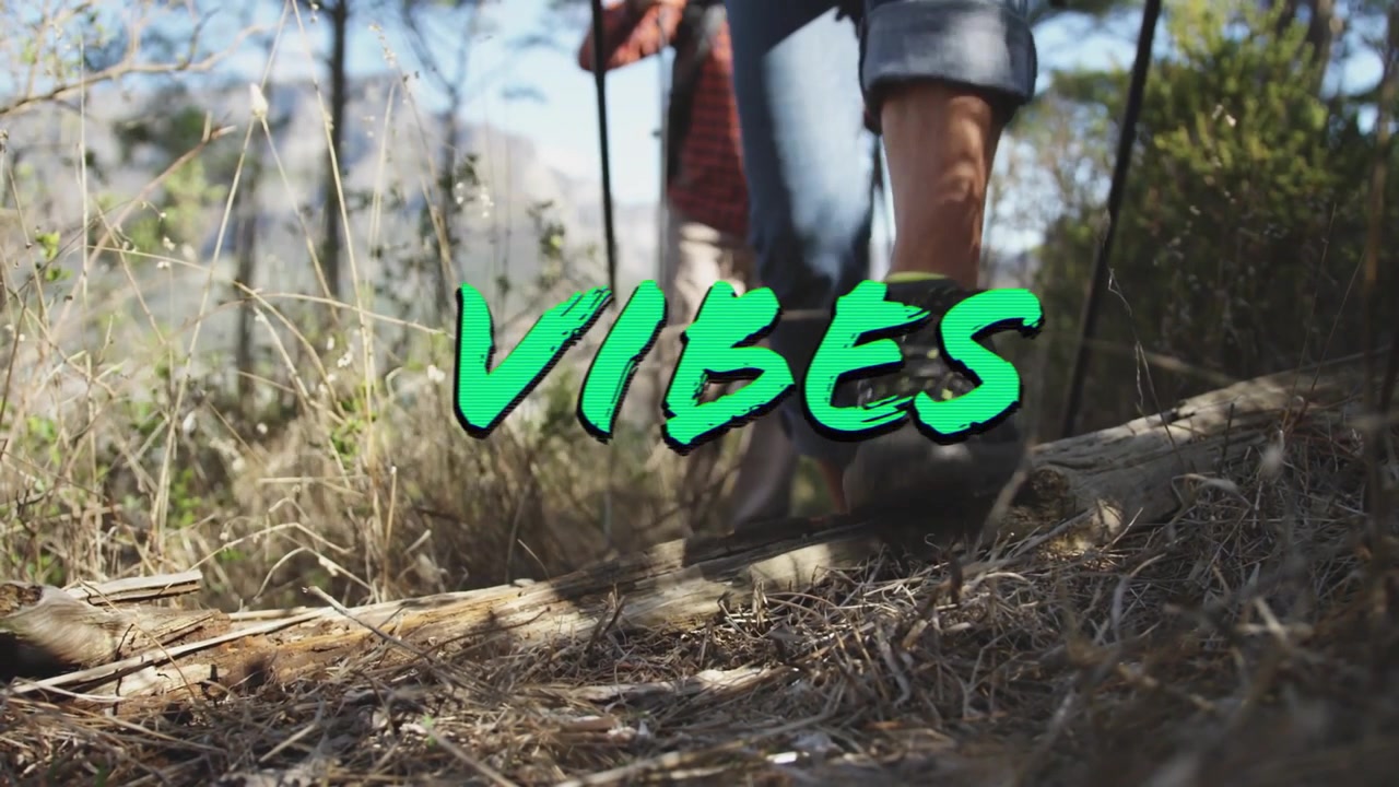Couple nearing log, lead stepping over, trailing poles, green VIBES centering over legs for health