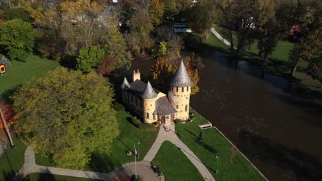 curwood castle in owosso, michigan with drone shot zooming out