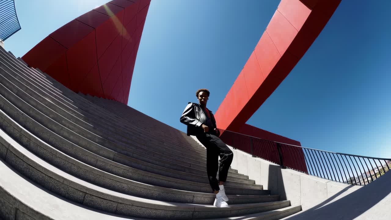 Dynamisk urban modefotosession på moderne arkitektoniske trapper