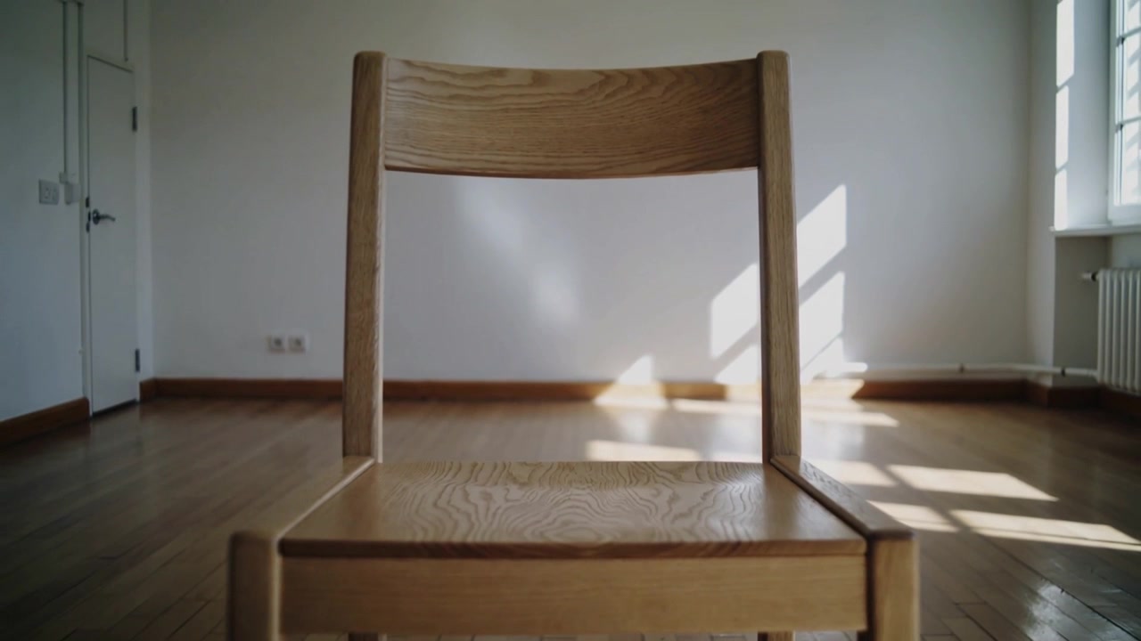 カメラが引いていき、空の部屋の中央に置かれた木製の椅子、窓、閉まったドアが映し出される