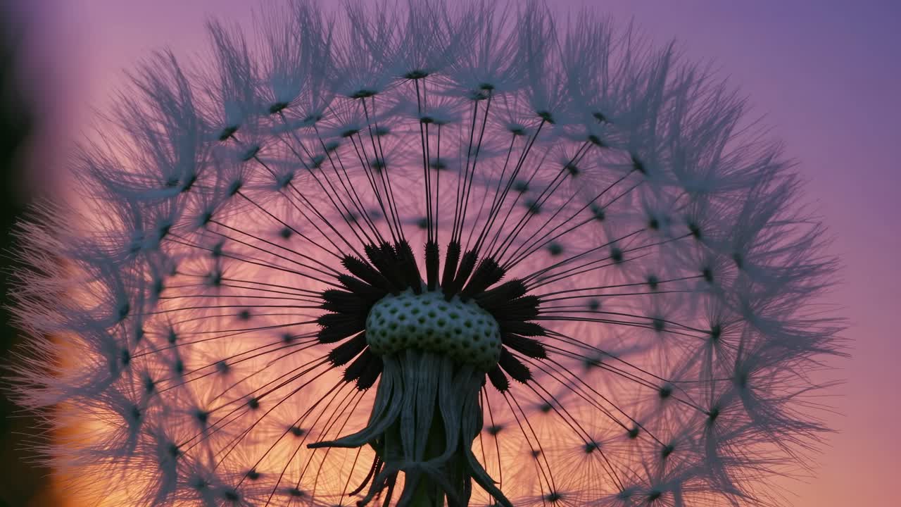 Close-up of a dandelion against a sunset sky, captured from a low angle
