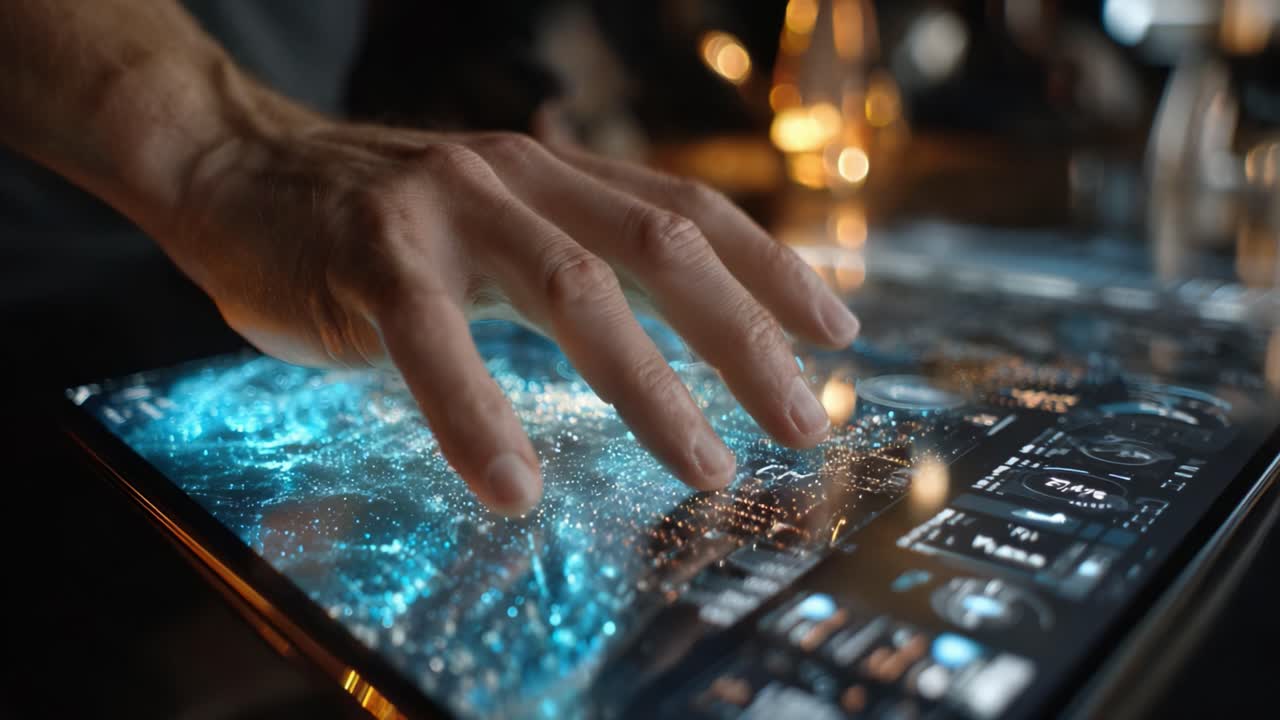 Exploring Digital Landscapes: A Hand Interacting with a Holographic Interface Displaying Dynamic Cosmic Data Visualizations