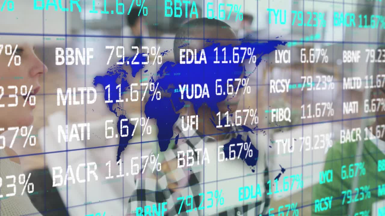 Animation of stock market and world map over diverse business people