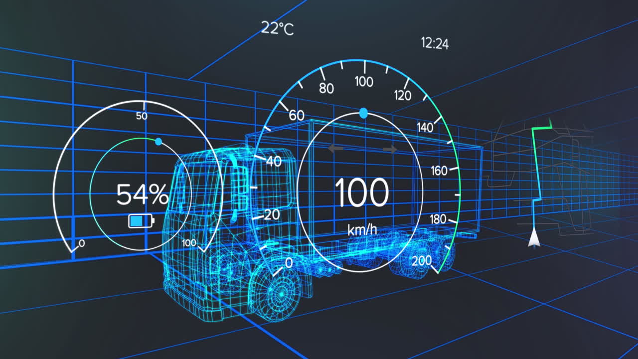 검은 바탕에 움직이는 3d 트럭 모델 위의 속도계와 전력 측정기의 애니메이션