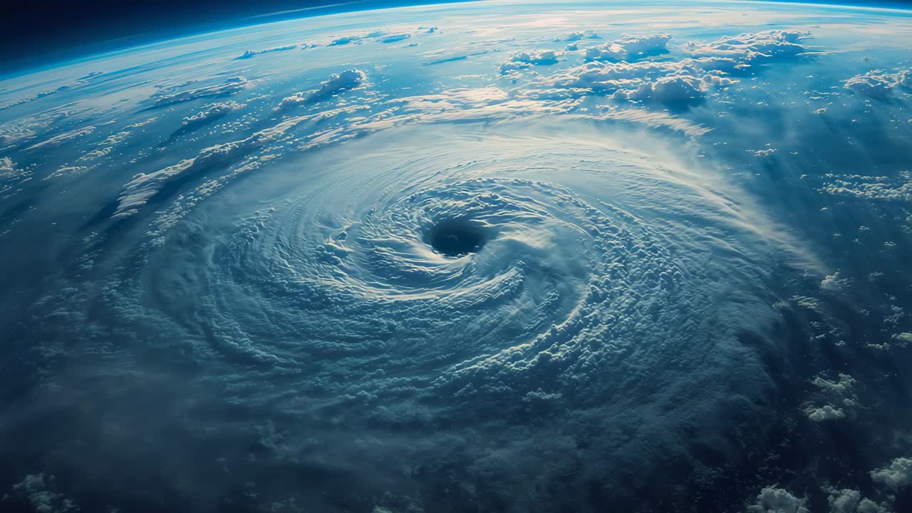 Satellite capturing rotating cyclone over ocean below horizon with sunlit eye and cloud bands
