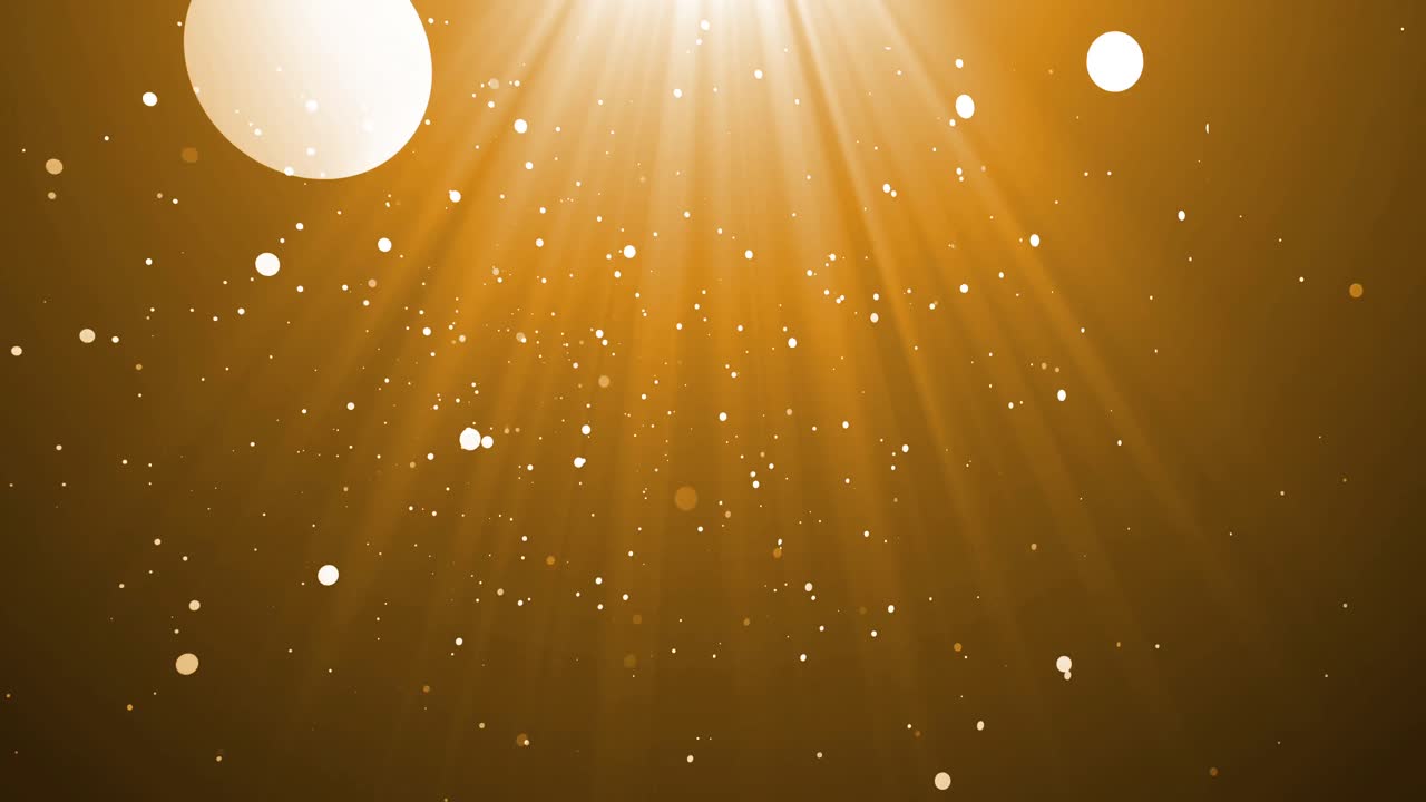 Animation of falling confetti and light rays over yellow background
